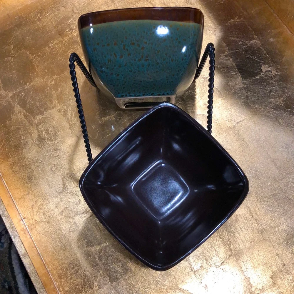 ELITE COUTURE Pair of Square Bowls‎ Green Speckle Glaze with Brown Interior